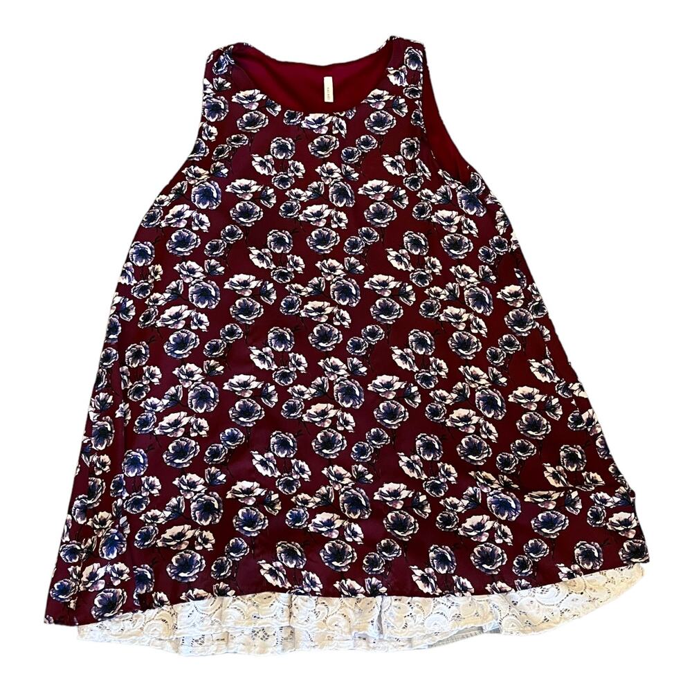Mai Soli Mini Floral SUN DRESS Flirty Lace Hem Womens LG Sleeveless Burgundy VTG